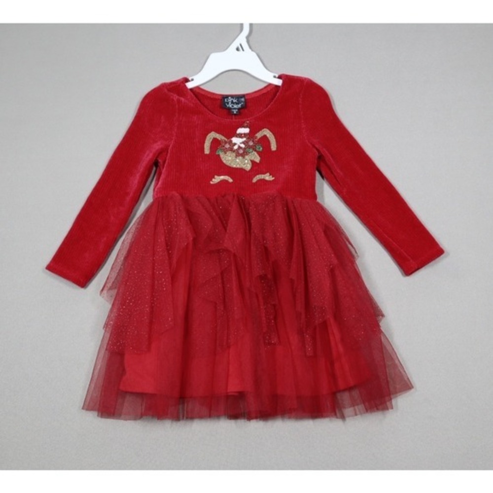 Pink & Violet Toddler Girls 3/4 Sleeve Holiday Unicorn Tutu Dress - Red - Size 3